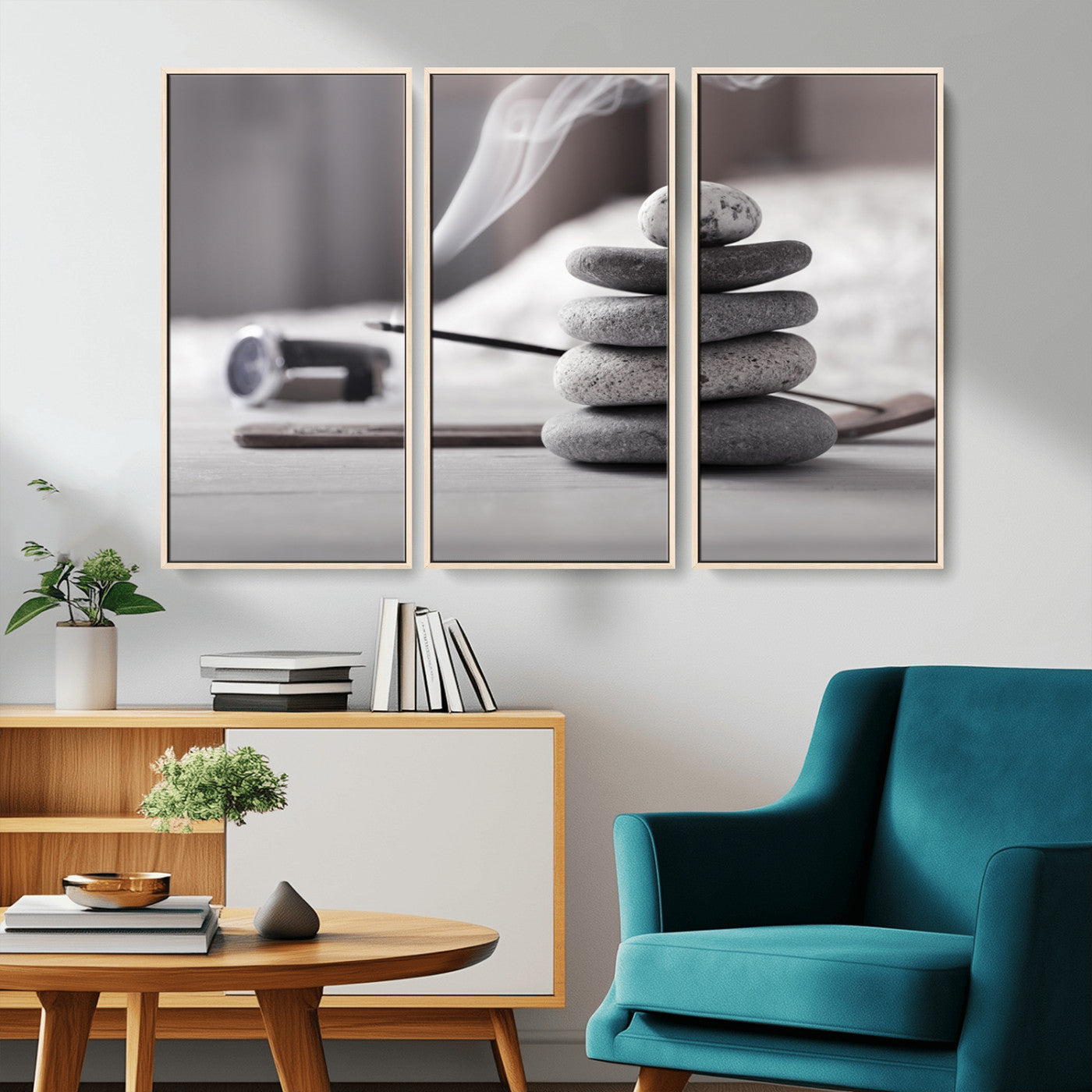 MGV-FC-48X32-3P - Burning Incense and Zen Stones Buddhism Wall Art, Zen Stones Wall Art Canvas Print