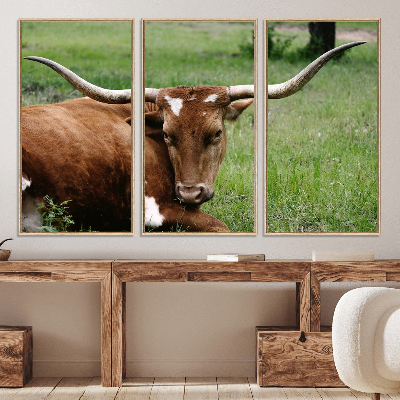 45997-MGV-CV-36X24-Longhorn Steer Canvas Wall Art – Rustic Nature Triptych Decor for Living Room or Office – Ready to Hang