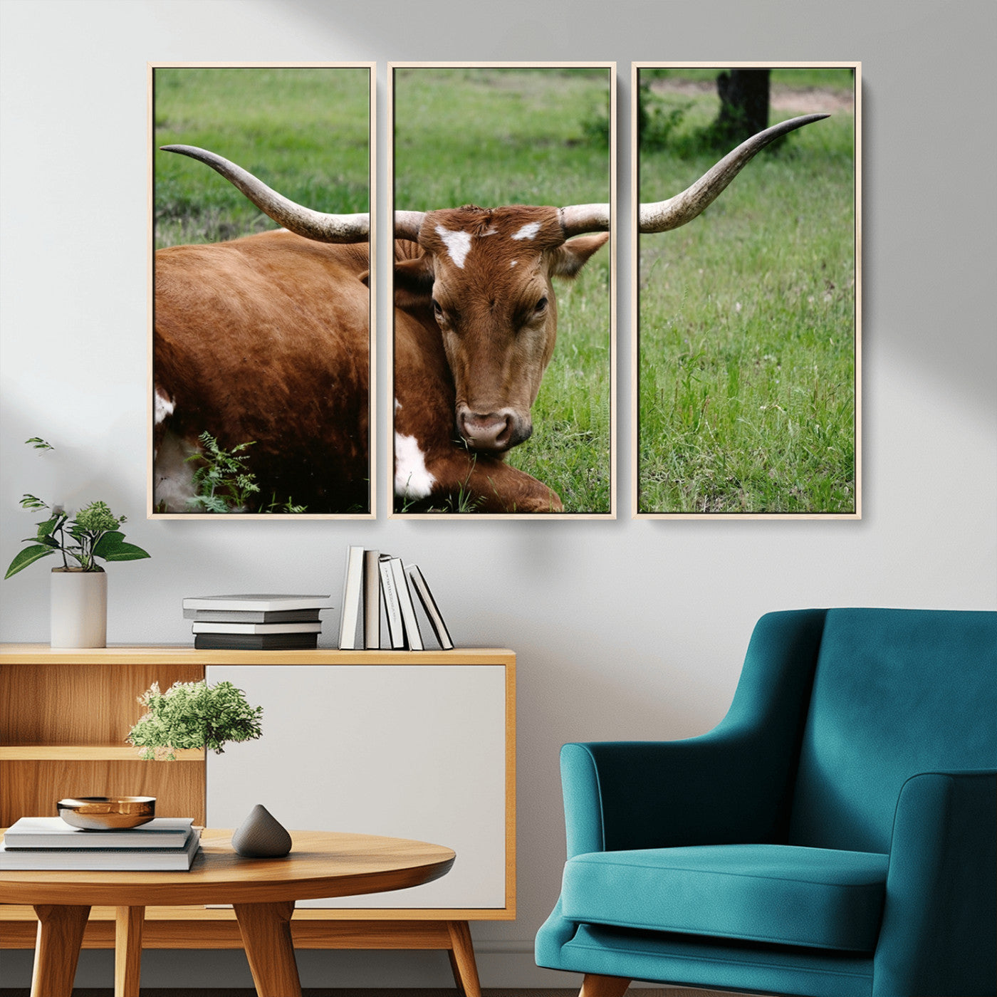 MGV-FC-48X32-3P - Longhorn Cow Animal Wall Art Canvas Print