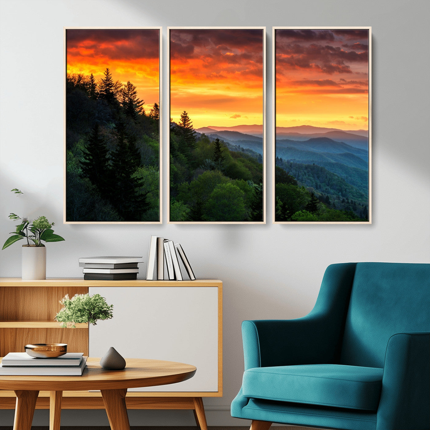 MGV-FC-48X32-3P - Great Smoky Mountains Sunset Wall Art Canvas Print | 3 Panel Large Nature Landscape Photography for