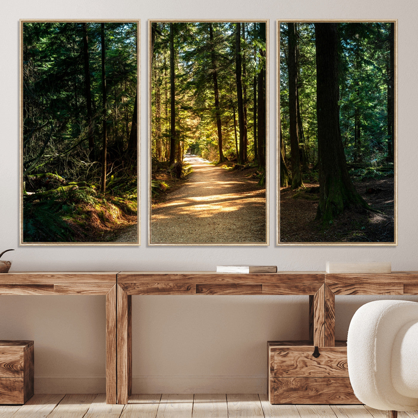 51762-MGV-CV-36X24-Sunlit Forest Pathway Canvas Print | 3 Panel Large Nature Wall Art for Living Room, Office, or Modern Space | Tranquil Scenic Forest, Ready
