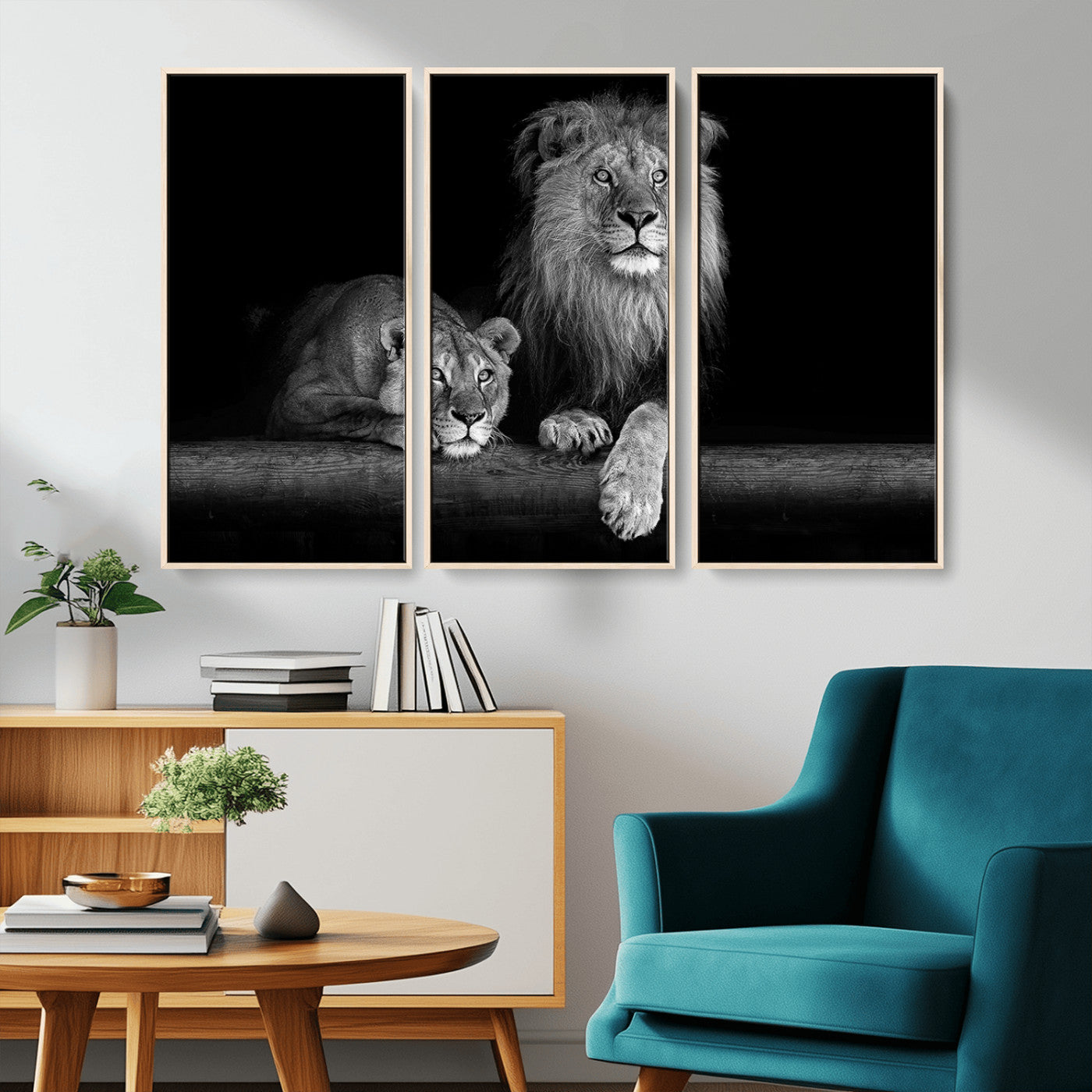 MGV-FC-48X32-3P - Large Black and White Lion Couple Wall Art Canvas Print