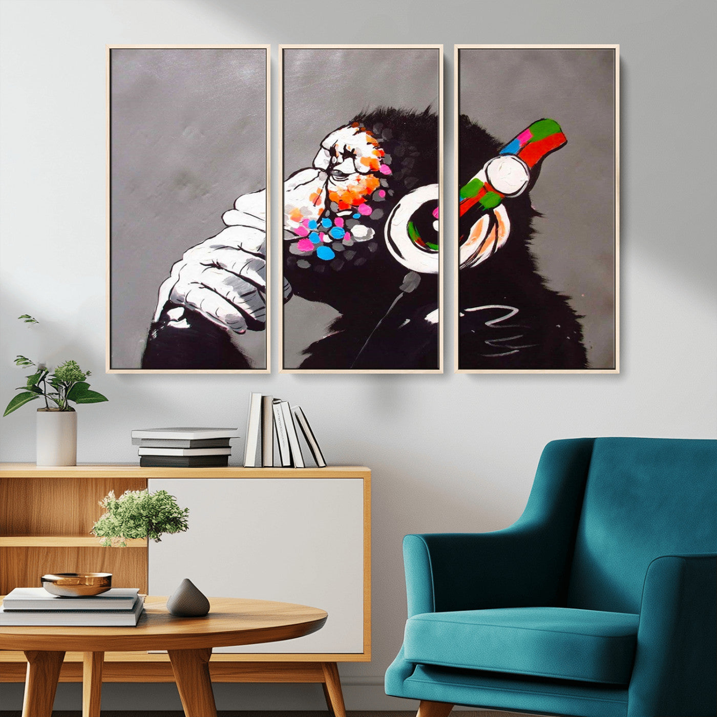 MGV-FC-48X32-3P - Dj Monkey Listening to Music Wall Art Print | Banksy Monkey Large Canvas Print for Living Room,