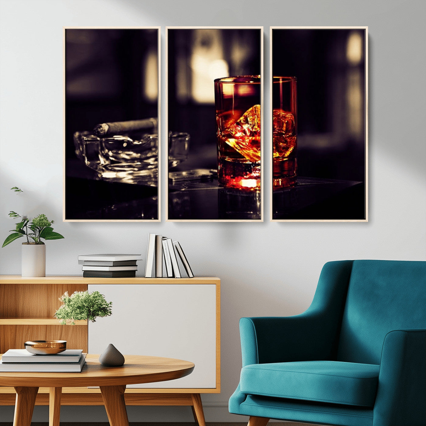 MGV-FC-48X32-3P - Whiskey and Cigar Canvas – Luxurious Wall Art for Home or Bar – Glass and Cigar Scene Print Canvas