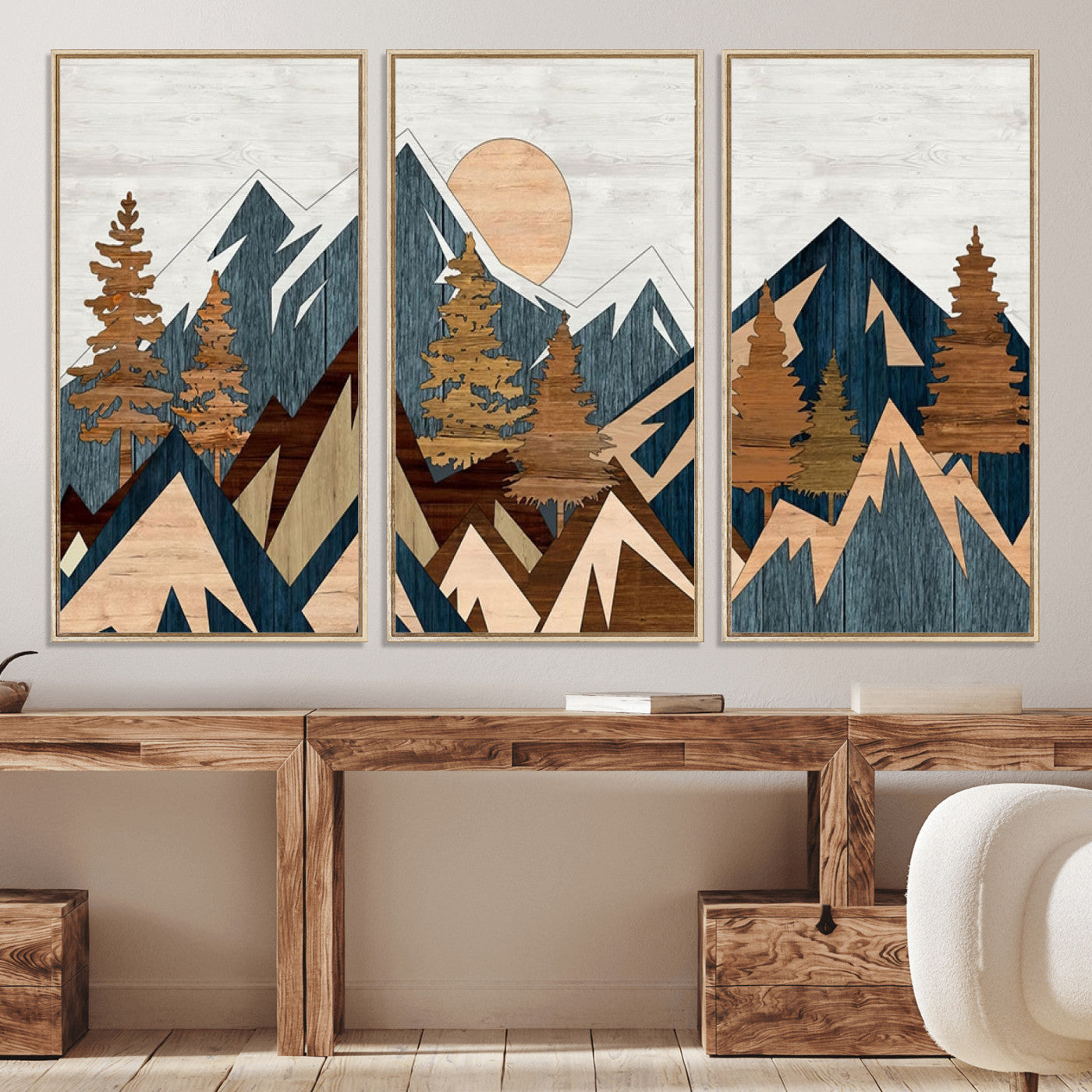 91467-MGV-CV-36X24-Abstract Wood Panel Effect Mountain Range Top Wall Art Canvas Print