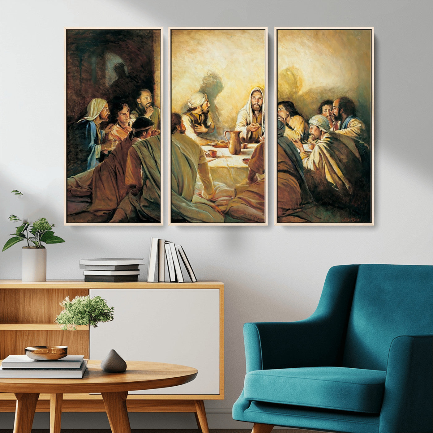 Framed canvas print of the Last Supper, depicting Jesus and his disciples, perfect for religious or Christian-themed home decor.