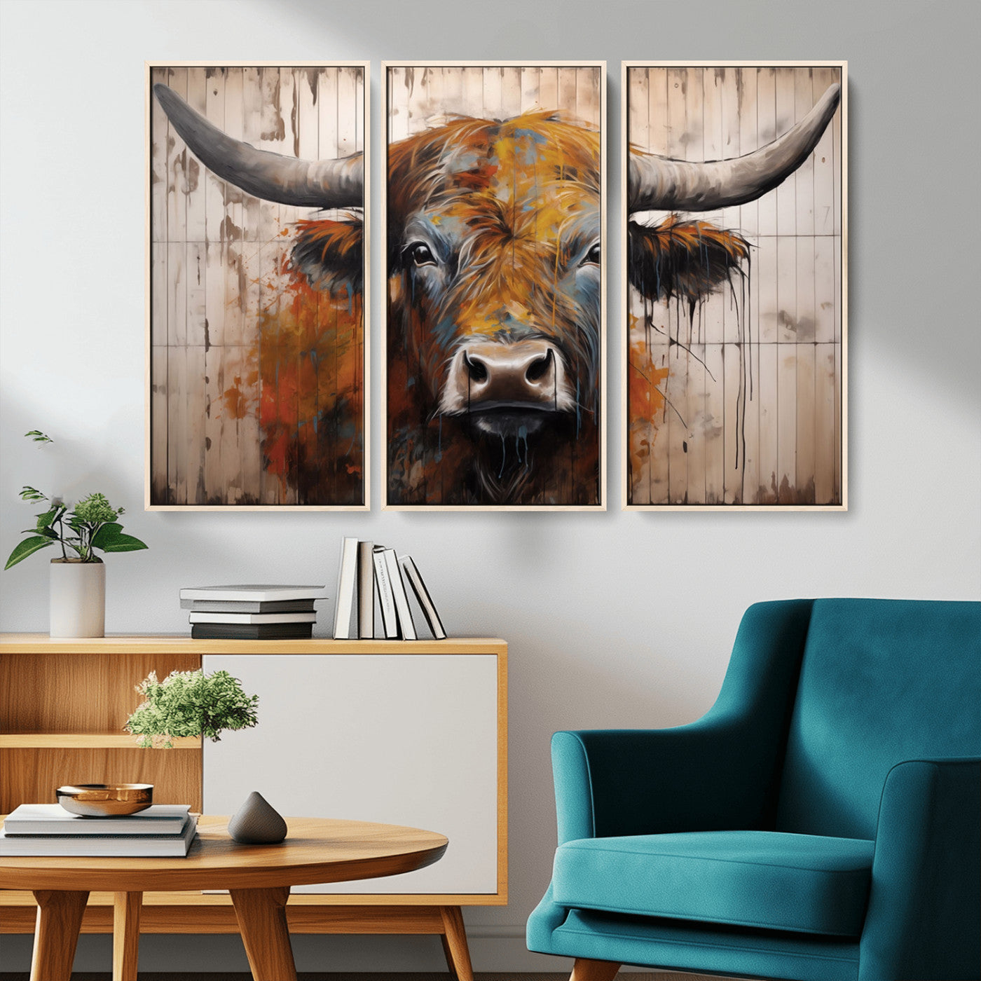 MGV-FC-48X32-3P - Abstract Bull Highland Cow Canvas Wall Art Print – Vibrant Rustic Charm in Modern Farmhouse Decor –