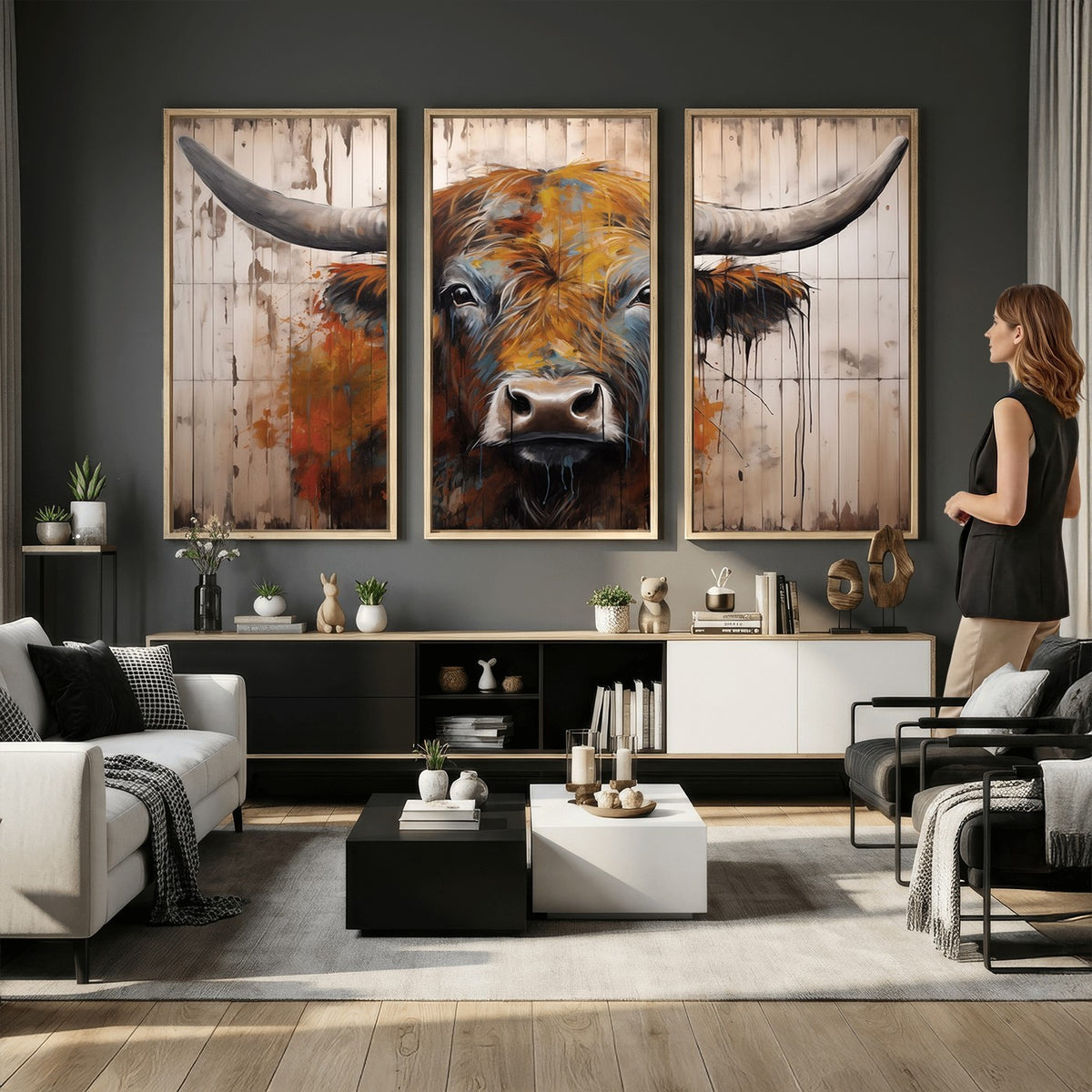 47284-MGV-CV-24X16 - Abstract Bull Highland Cow Canvas Wall Art Print