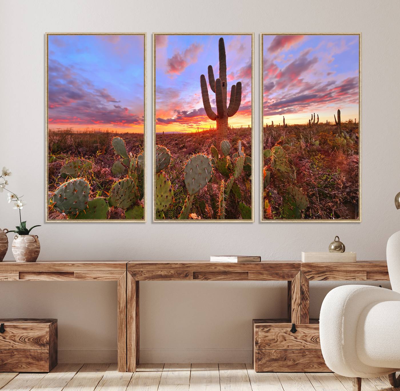 The Arizona Desert Sunset Wall Art Canvas Print hangs prominently.