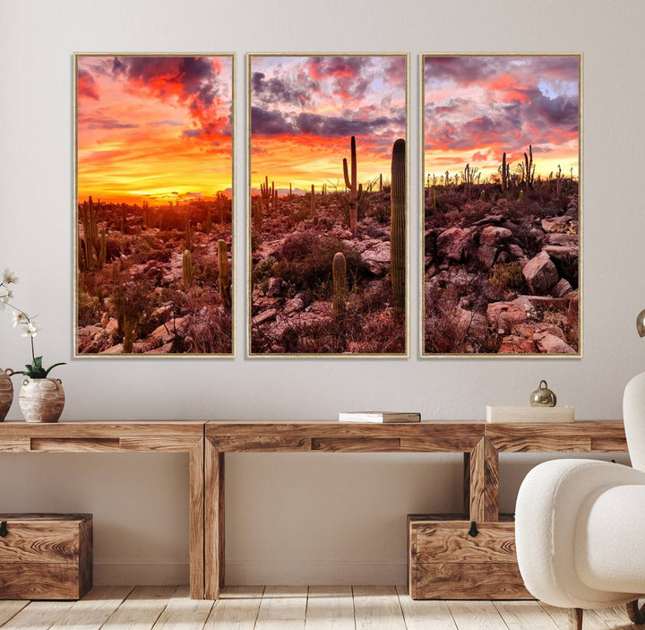 A vibrant desert sunset with cacti, perfect Western Cowboy Wall Art Print.