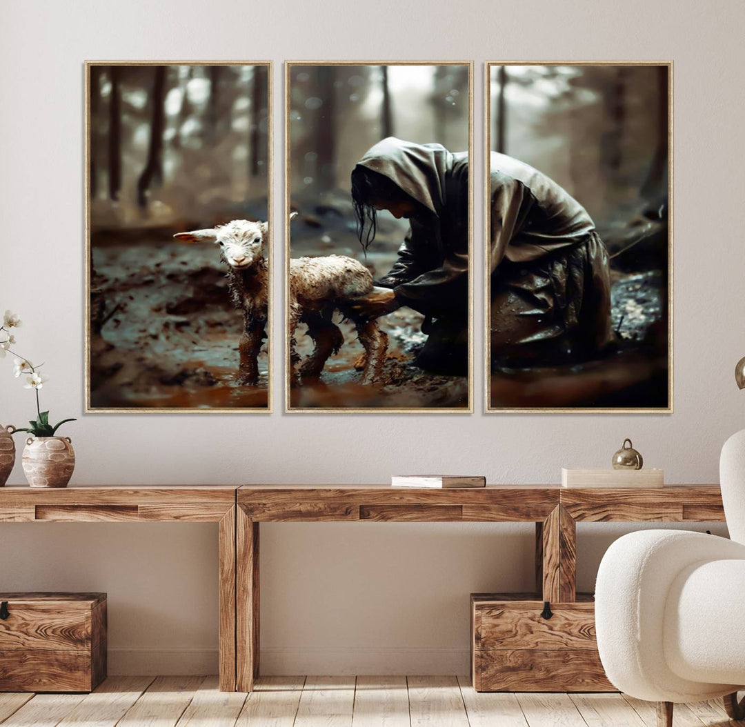 Jesus Lost Lamb Wall Art: A cloaked figure tends a lamb in a muddy forest.