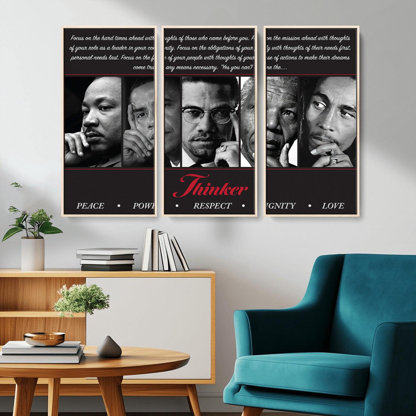 MGV-FC-48X32-3P - Thinker Quintet Canvas Wall Art – Martin, Obama, Malcolm X, Mandela, Marley Featuring Peace, Power,
