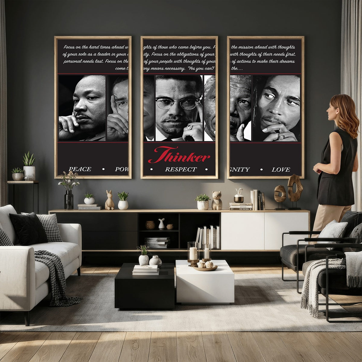 45112-MGV-CV-24X16 - Thinker Quintet Canvas Wall Art | Martin, Obama, Malcolm X, Mandela, Marley, Peace Power Respect Dignity Love