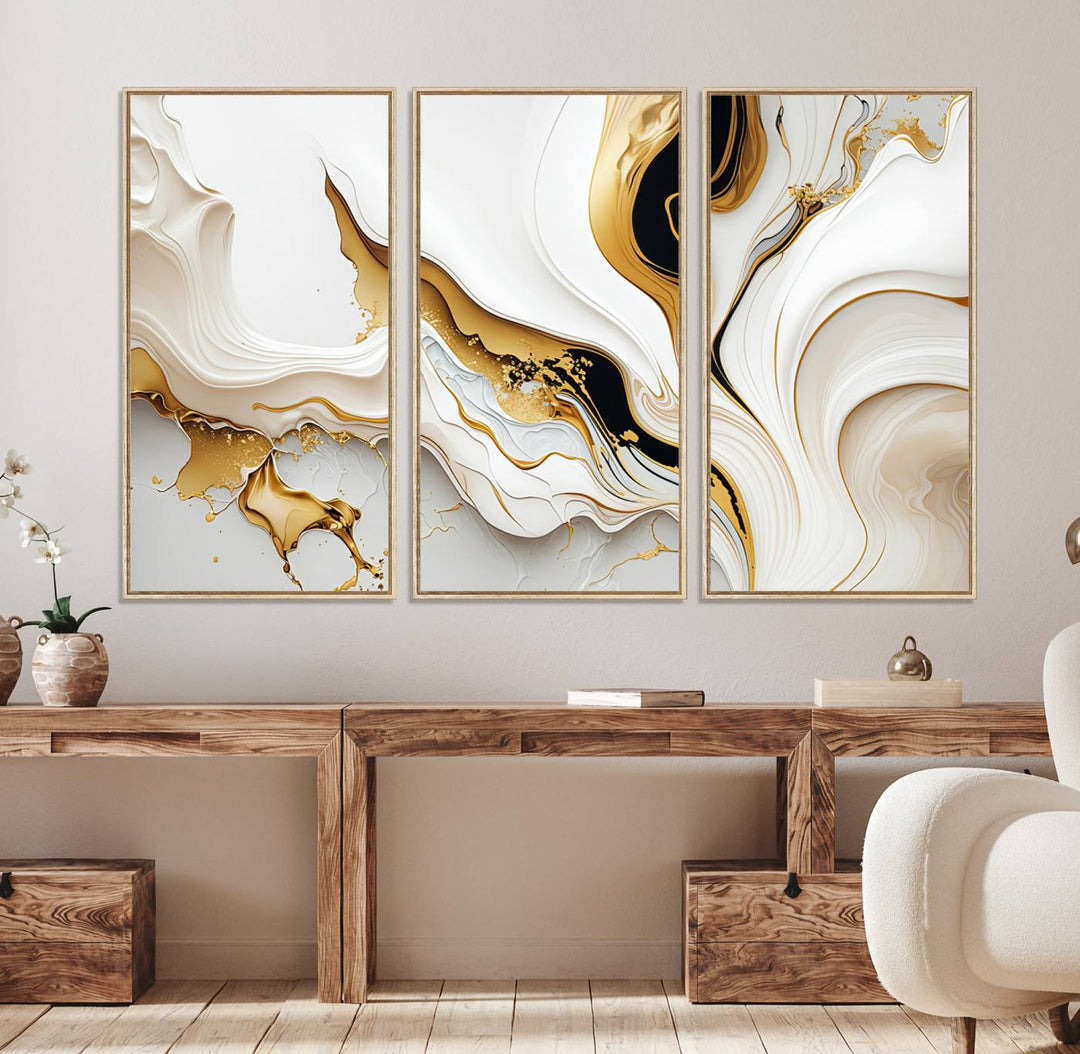 Modern interiors showcase Gold Waves on Pure White Canvas.