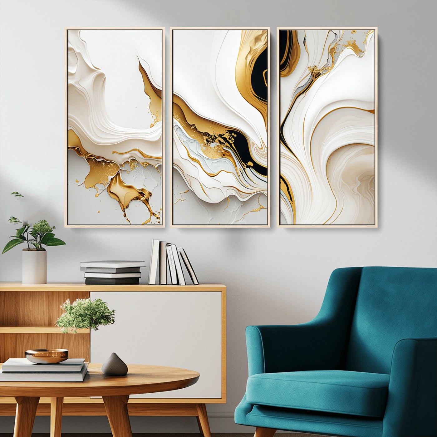 -Gold Waves on Pure White Canvas – Gold Abstract Art for Modern Interiors | Wall Art Canvas, Framed &