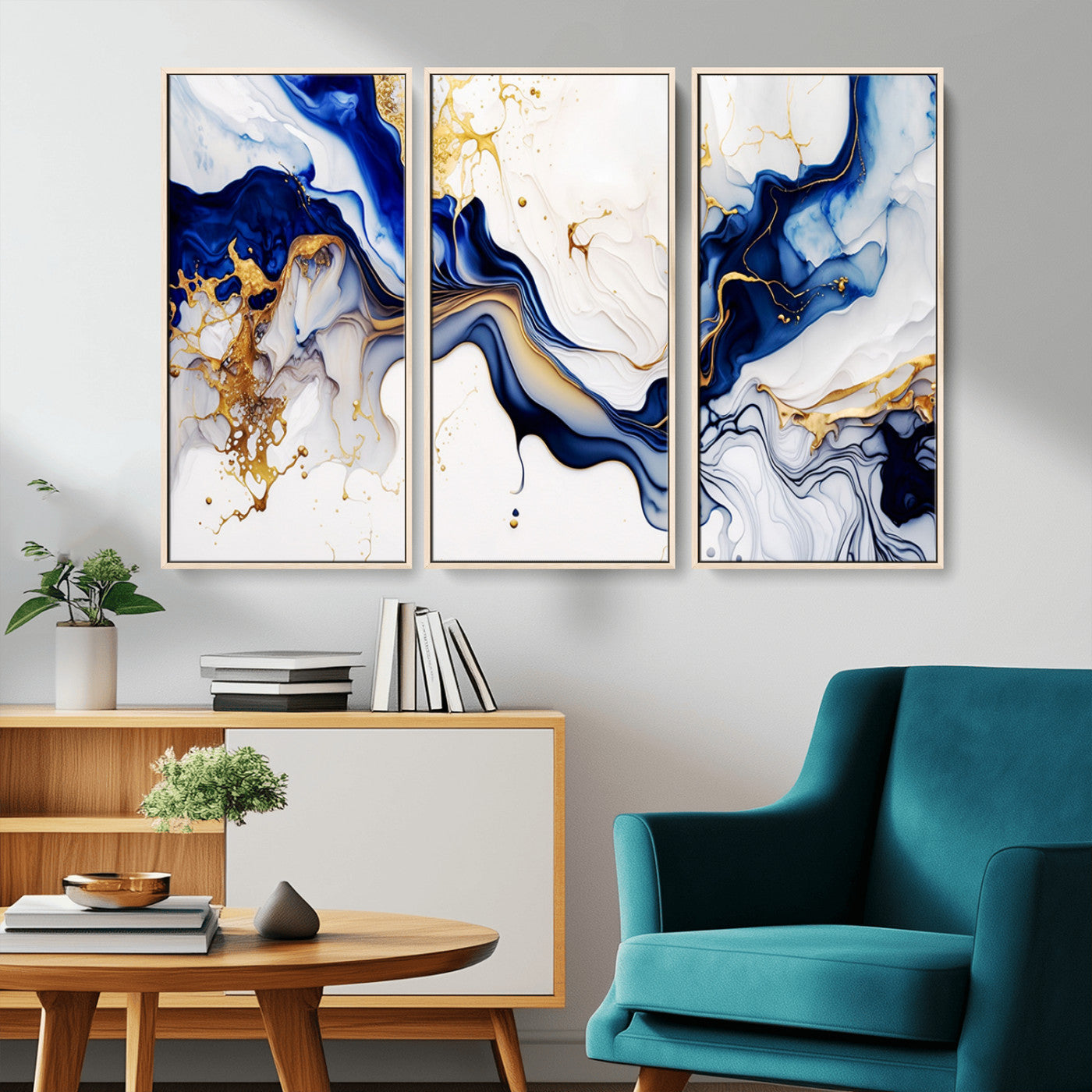 MGV-FC-48X32-3P - Golden Cascades on Midnight Blue – Deep Blue Abstract Wall Art Flowing Elegance | Wall Art Canvas,