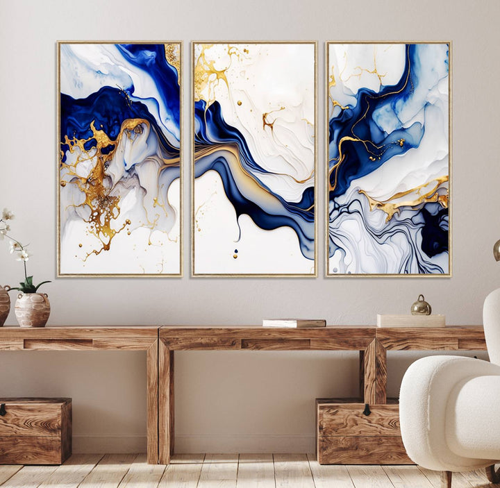 Golden Cascades on Midnight Blue wall art swirls above, featuring gold and white accents.