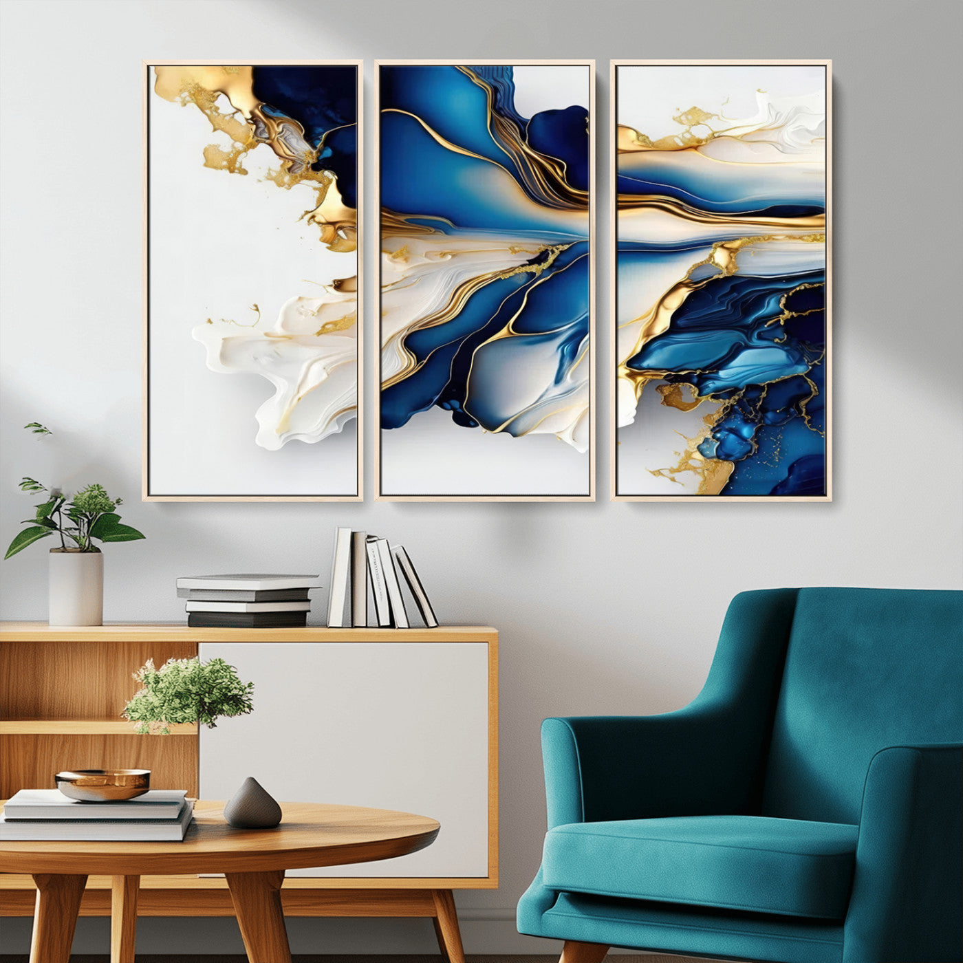 MGV-FC-48X32-3P - Gold Marble Art - Abstract Geode Gold And Blue Marble Shape 3 Pieces Wall Art Canvas Print