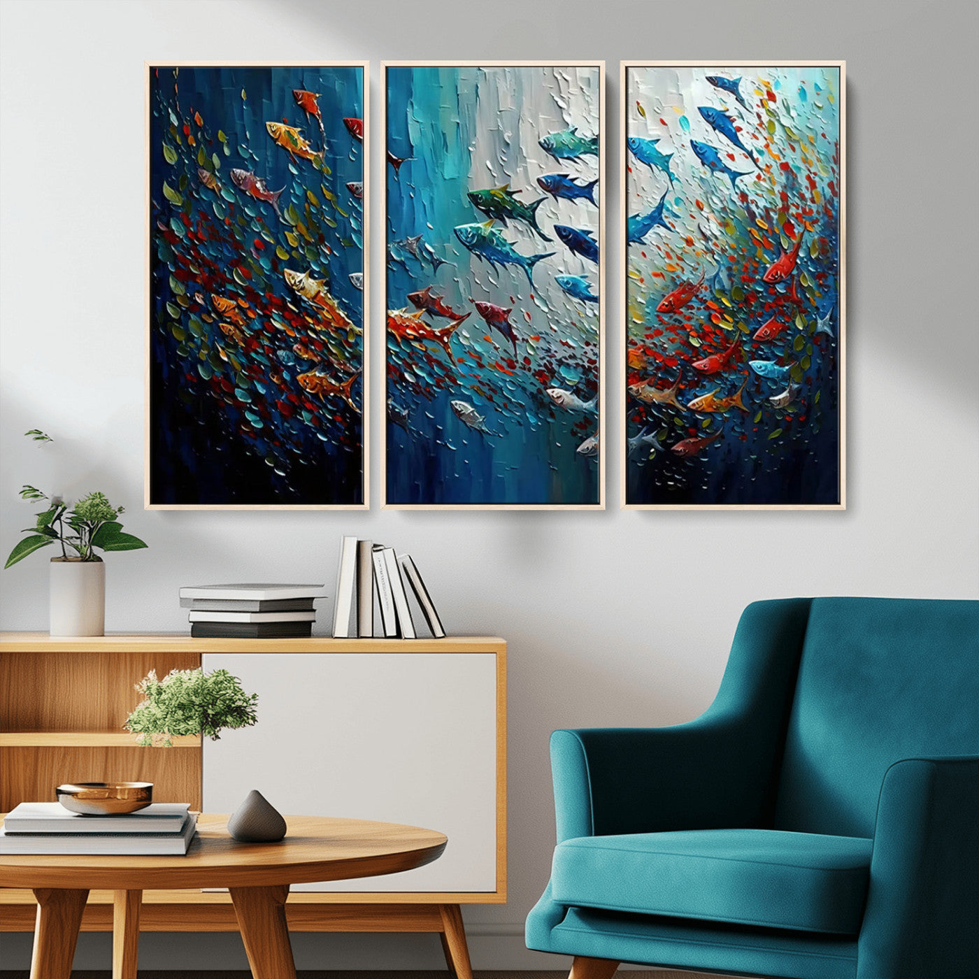 MGV-FC-48X32-3P - Modern Abstract Fish Shoal Wall Art Canvas Print, Colorful Fish Herd Painting on Canvas Print, Ocean