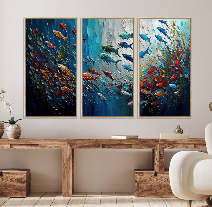 Modern Abstract Fish Shoal Wall Art features blue, red, and orange fish.