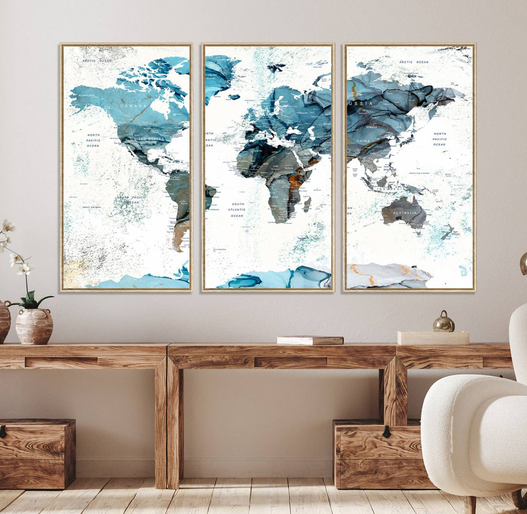 Push Pin World Map Wall Art Canvas Print adds a touch of elegance to the home decor.