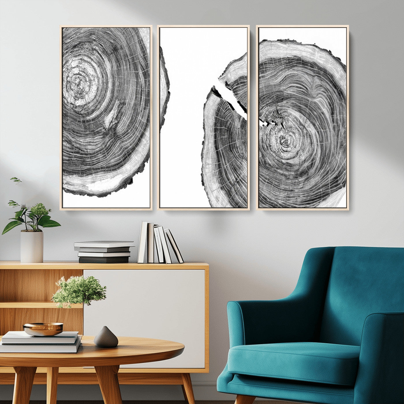 MGV-FC-48X32-3P - Modern Black and White Tree Rings Canvas Wall Art – Nature Inspired Wood Slice Print – Minimalist