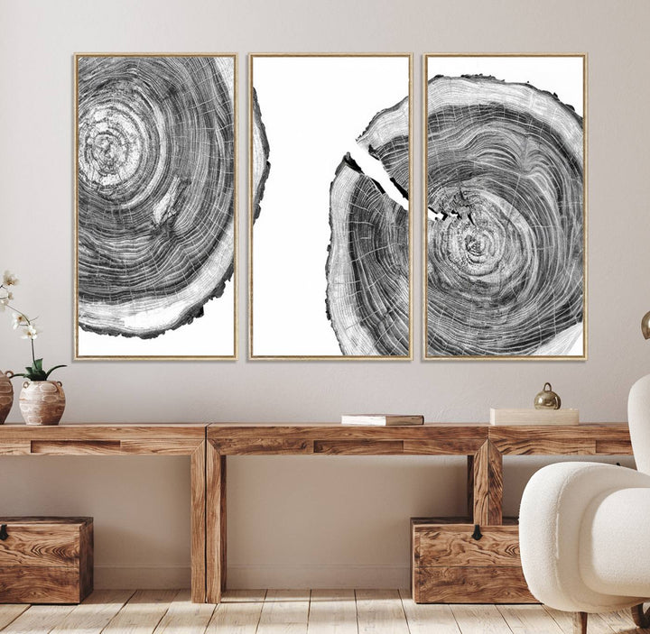 The modern black and white tree rings canvas art adds minimalist geometric decor with nature inspiration.