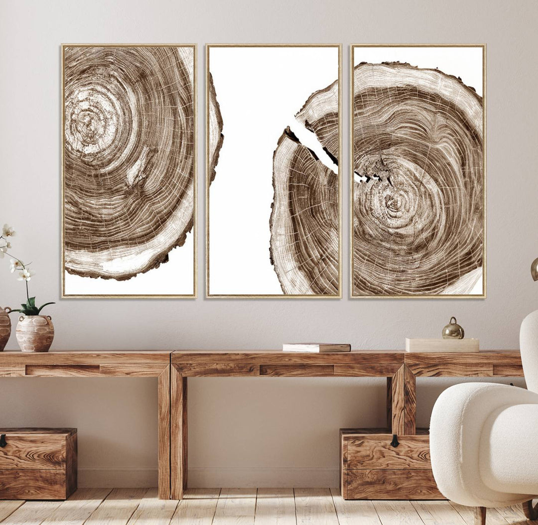 Wood Tree Ring Wall Art on a minimalist black and white canvas.