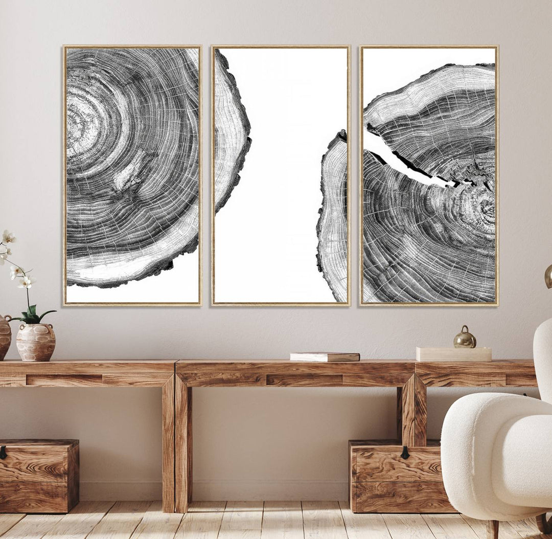 The minimalist art piece Abstract Large Tree Rings on canvas creates a striking focal point.