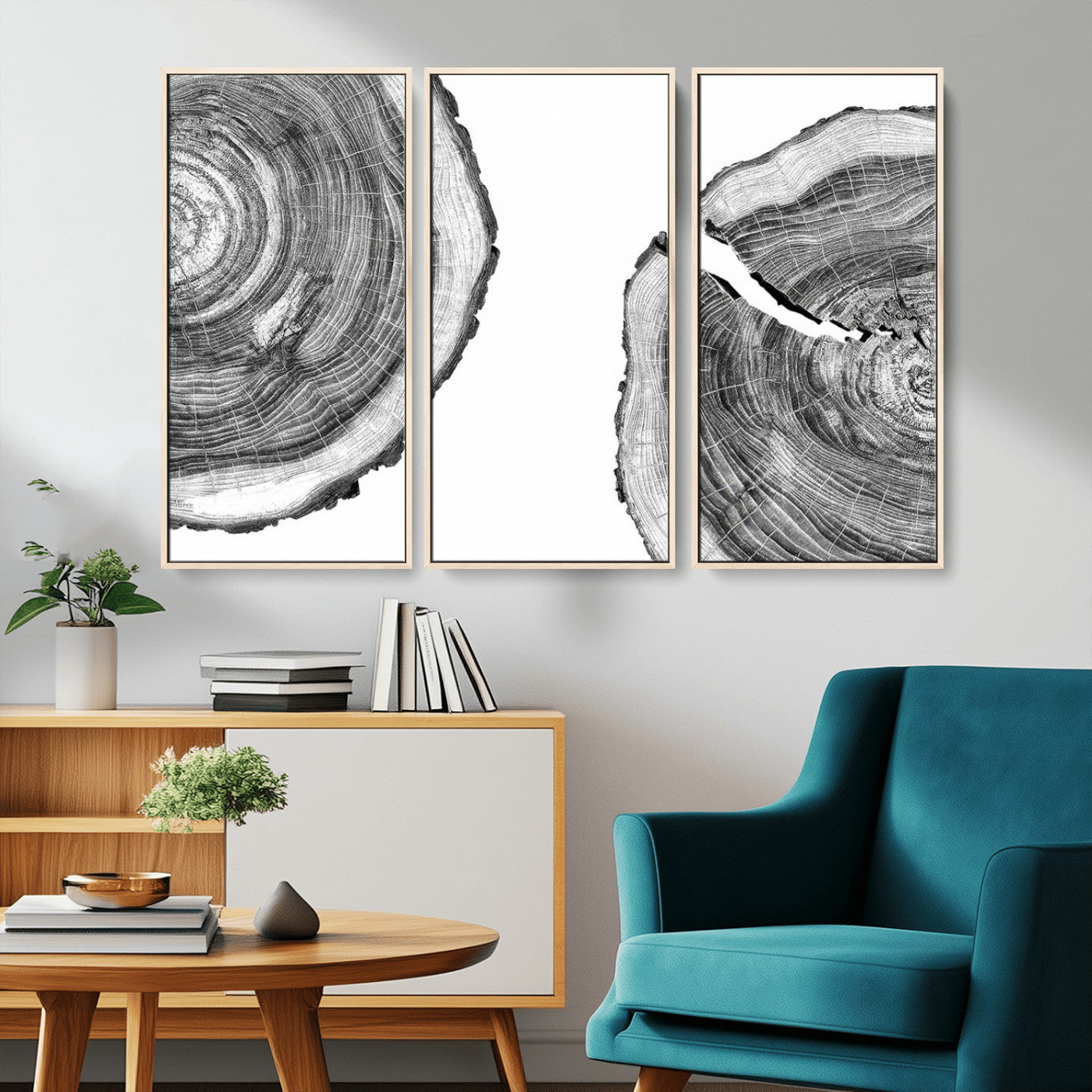 MGV-FC-48X32-3P - Abstract Large Tree Rings – Minimalist Black and White Wood Art | Triptych Canvas, Modern Wall Decor