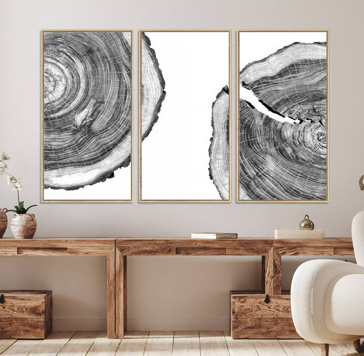 The minimalist art piece Abstract Large Tree Rings on canvas creates a striking focal point.