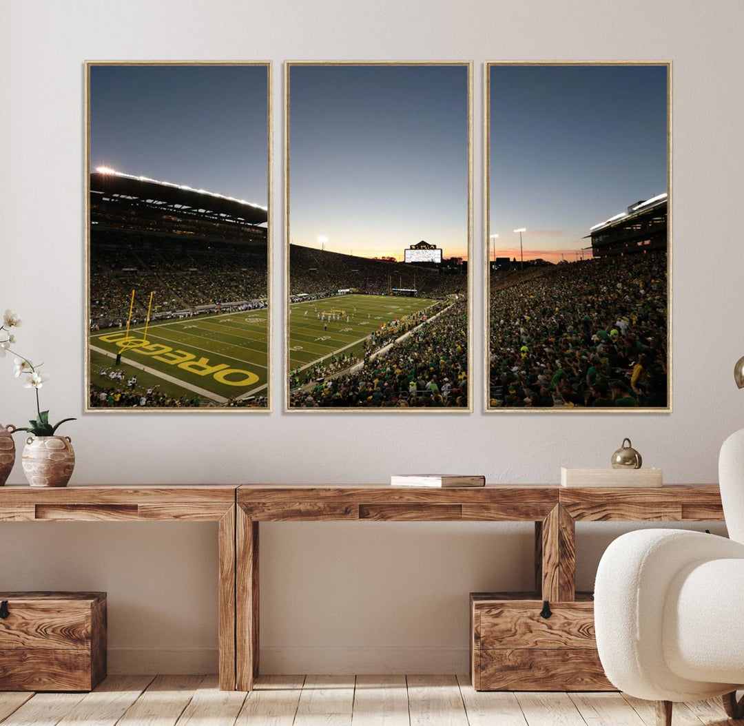 Canvas artwork depicting an Oregon Ducks football game at Autzen Stadium, capturing a sunset and packed stands.