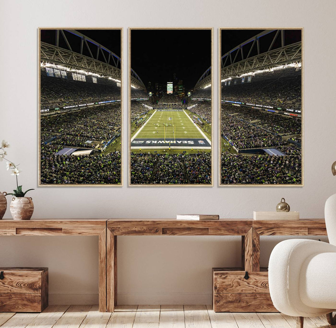 Handmade Seattle Seahawks Stadium Canvas Wall Art Print featuring an aerial view of Night football at CenturyLink Field marked Seahawks.