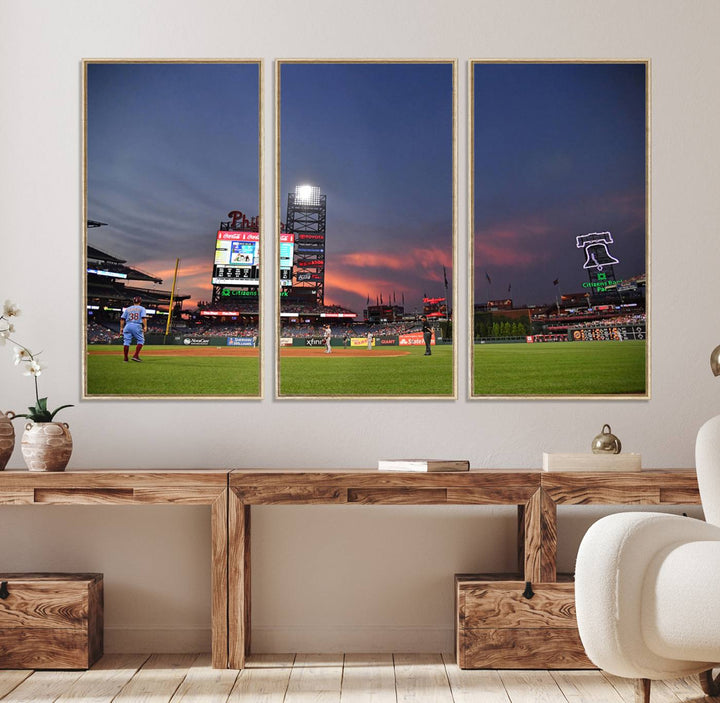 Philadelphia Phillies at sunset: Citizens Bank Park captured in a charming canvas wall art print.