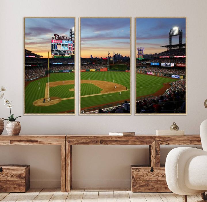 A sunset game at Citizens Bank Park depicted on a 3-panel Phillies canvas.