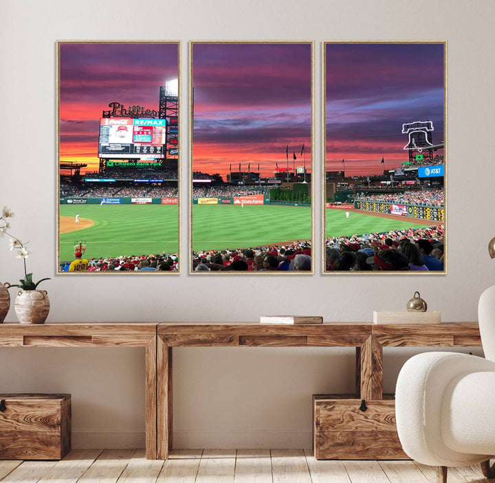 The Philadelphia Phillies canvas print showcases Citizens Bank Park at sunset with a crowd and scoreboard.