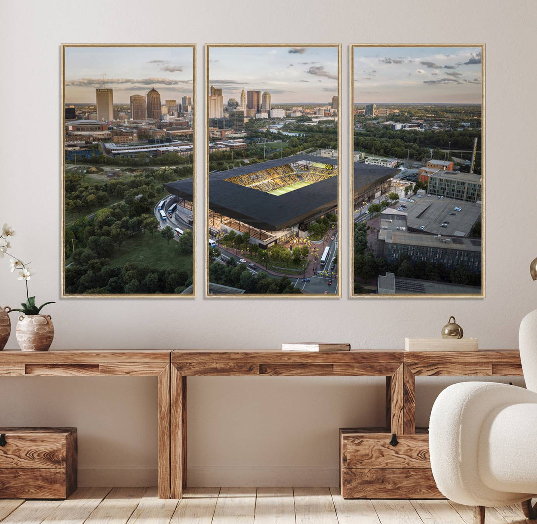 The Columbus Crew Soccer Stadium canvas art adds a vibrant touch to the room.