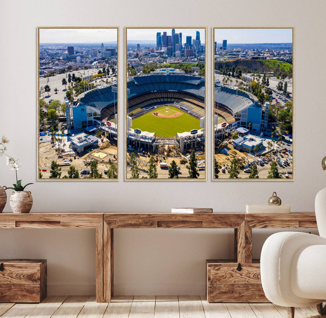 Aerial view of Dodger Stadium city skyline on a premium Los Angeles Dodgers MLB canvas print.