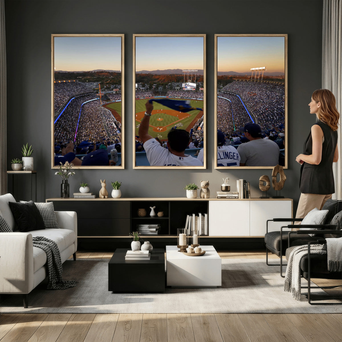60162-MGV-CV-36X24 - Dodger Stadium Sunset Game Triple Canvas Wall Art, Los Angeles Dodgers MLB Match