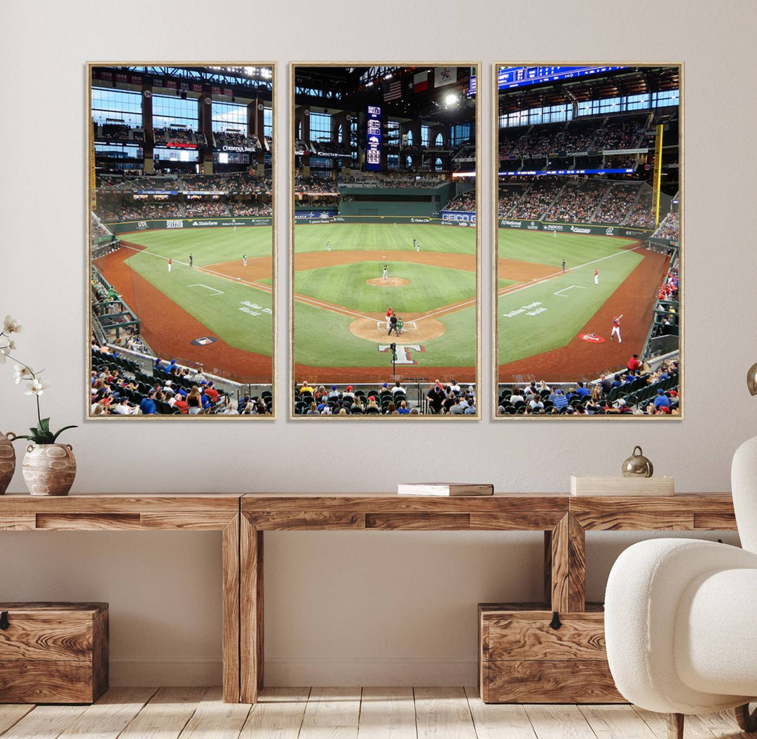 Admire the Texas Rangers Wall Art showcasing Globe Life Fields covered stadium and its lively crowd.