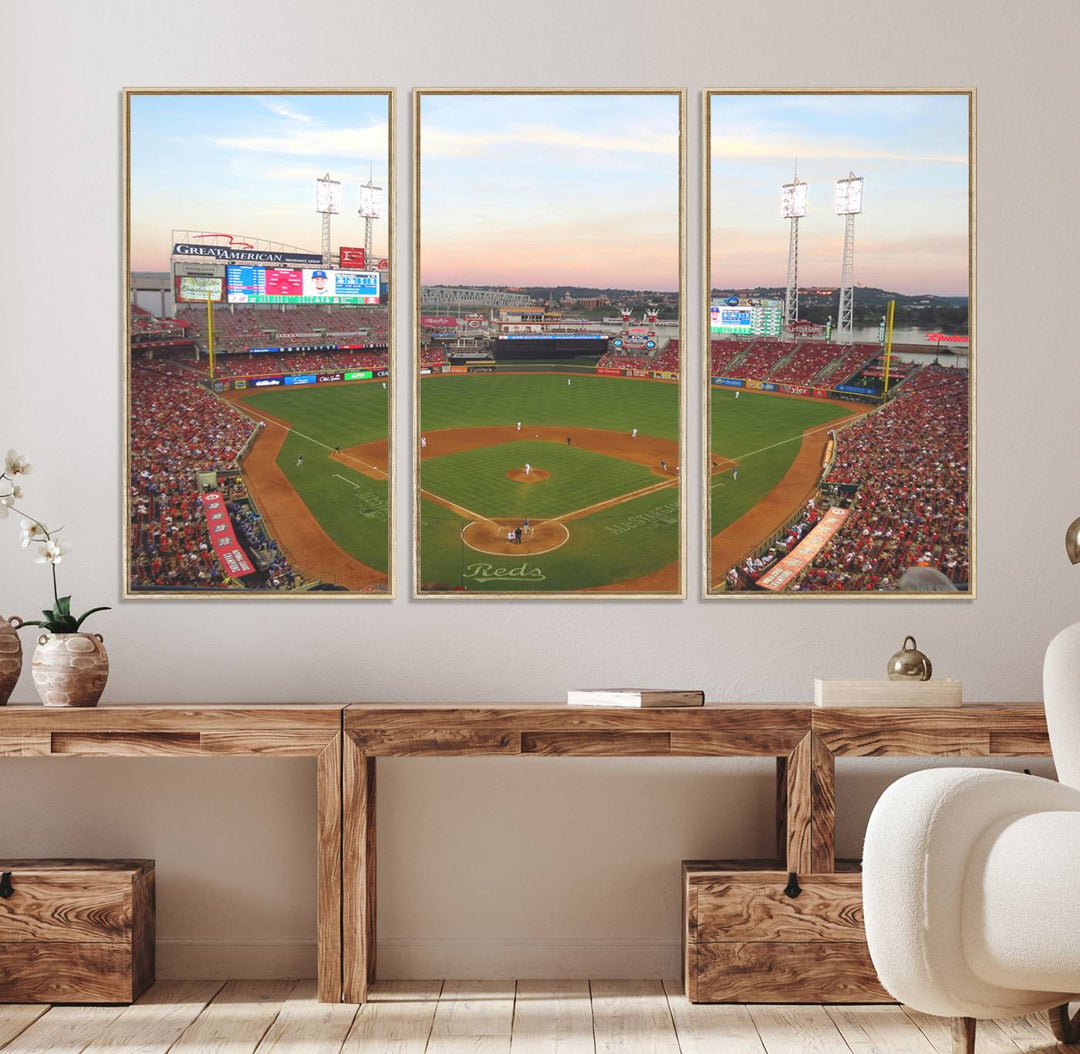 Cincinnati Reds game at sunset: Stadium wall art canvas.