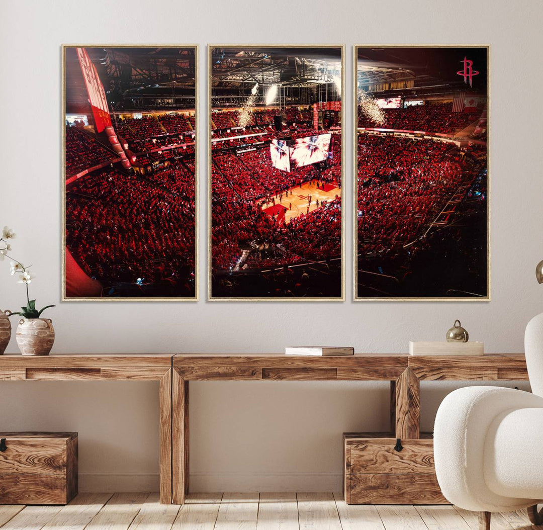 A crowded basketball arena with red lighting hosts a Houston Rockets game.