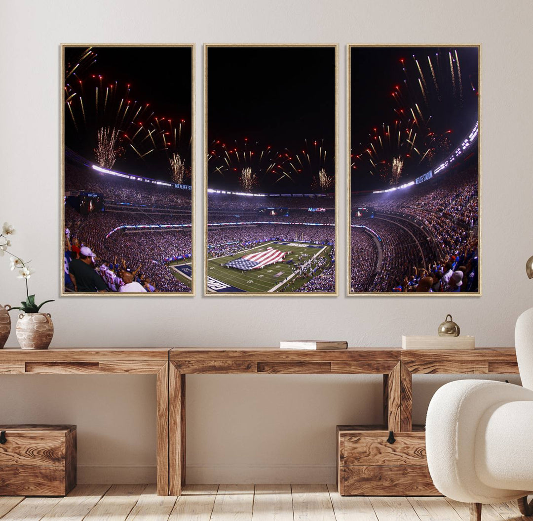 A vibrant wall art piece in MetLife Stadium features a stunning American flag design, capturing the spirited atmosphere of game day.