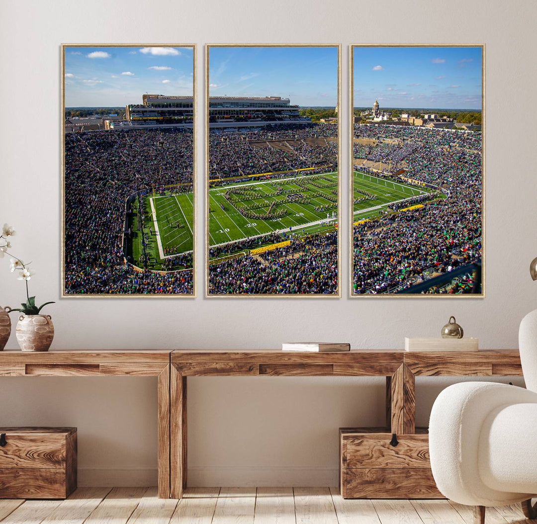 Aerial shot of packed stadium on green; Notre Dame Fighting Irish Stadium Wall Art Canvas Print.