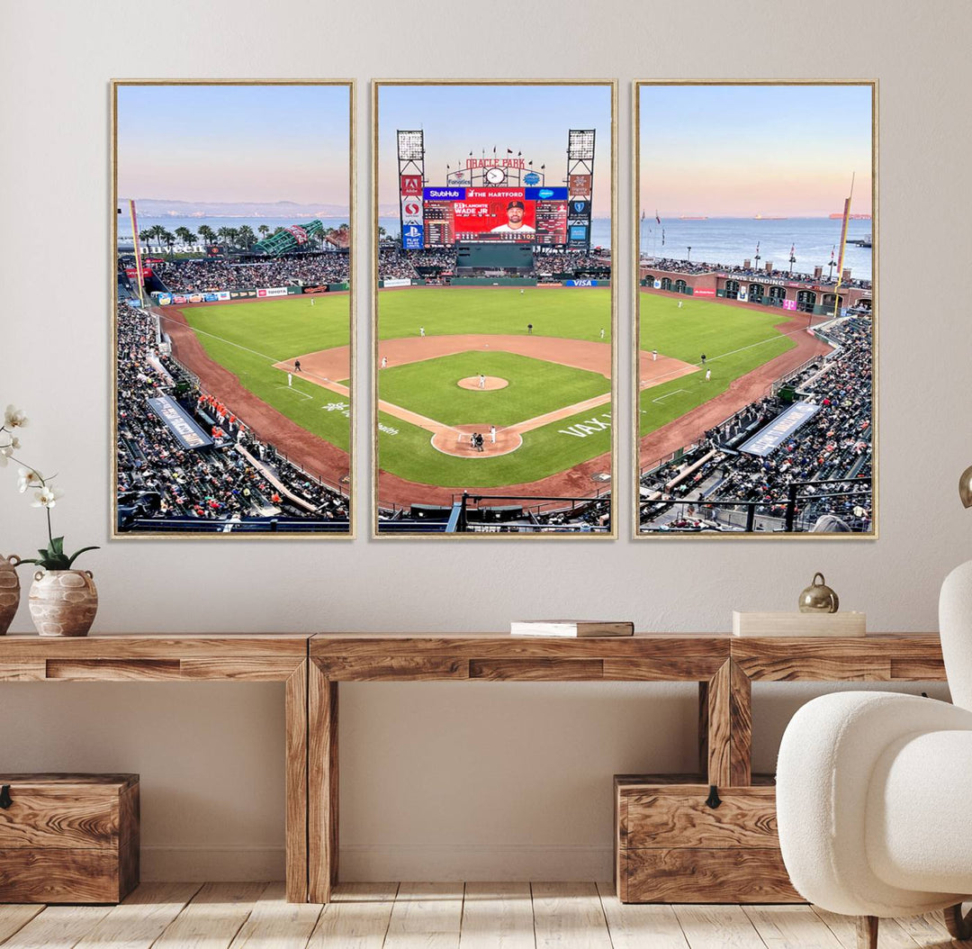 Gallery-quality canvas print of Oracle Park Stadium showcasing a waterfront view from behind home plate.