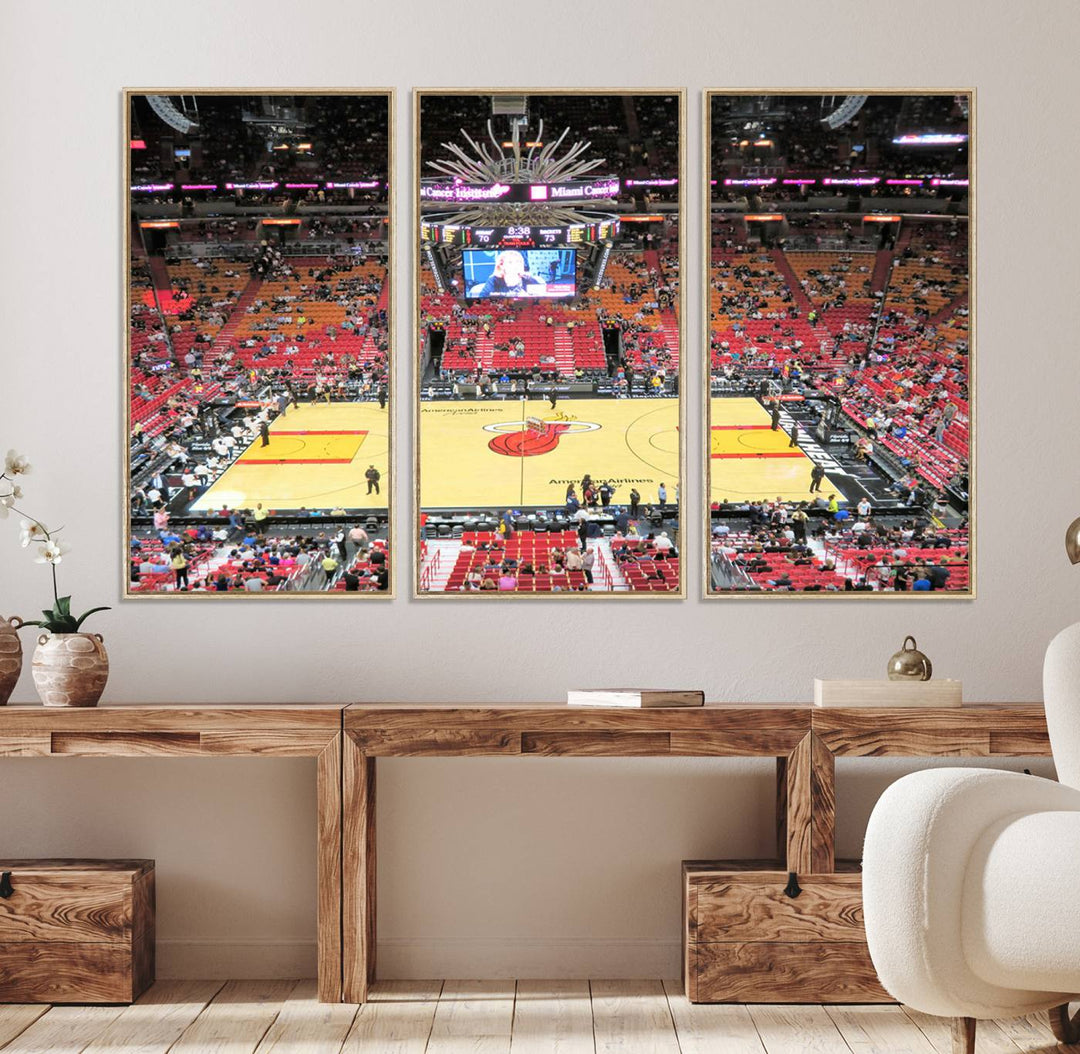 A Miami Heat Basketball Print showcases Kaseya Center Stadium Wall Art with a grand scoreboard.