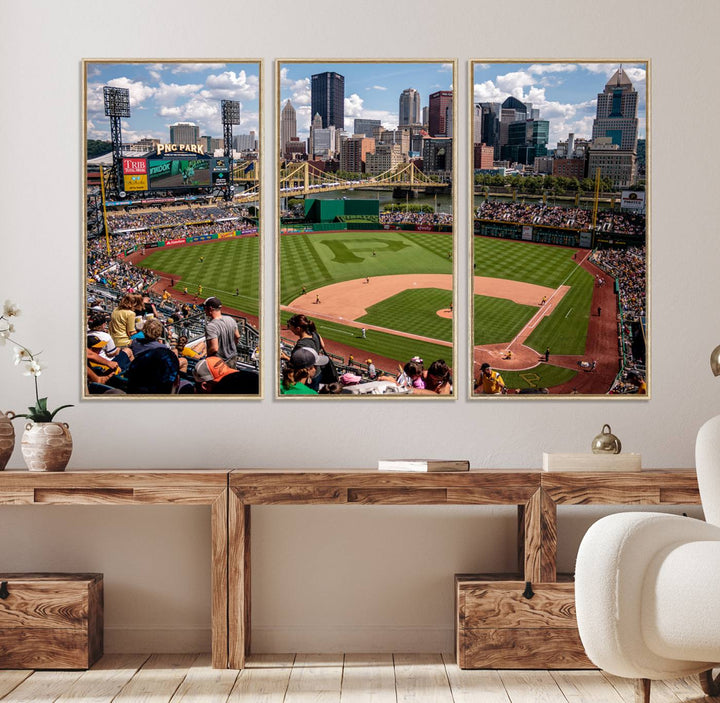 PNC Park Stadium canvas print features a lush field and city skyline, ready to hang.