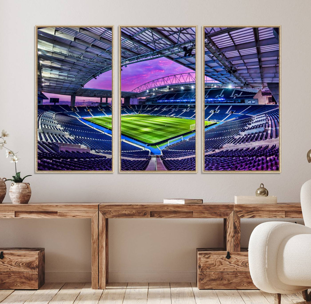 The FC Porto Soccer Team Dragon Stadium Wall Art Canvas Print decorates the room.