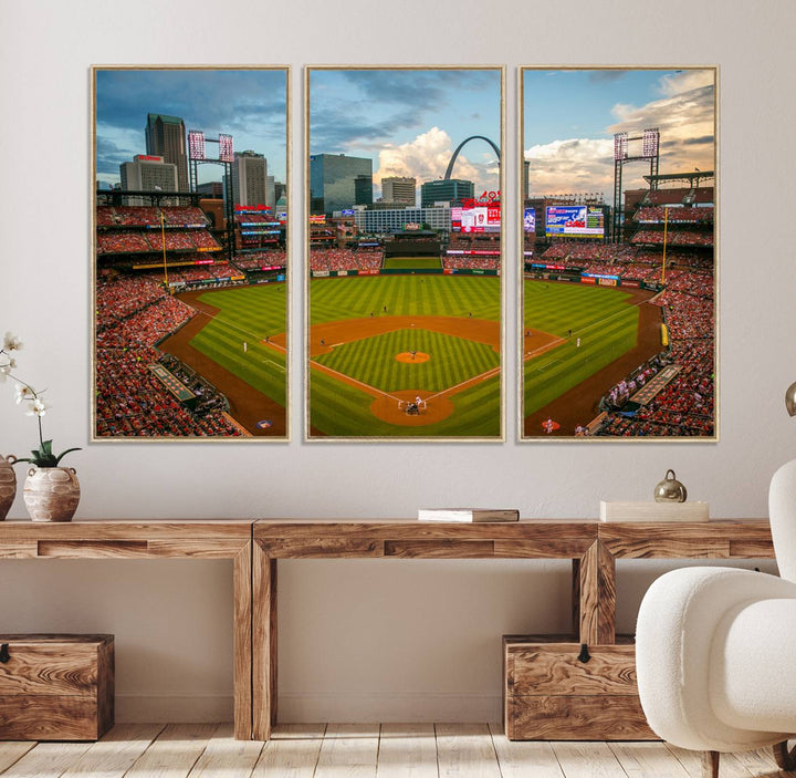 Canvas art of the St. Louis Cardinals Busch Stadium, capturing the citys skyline.