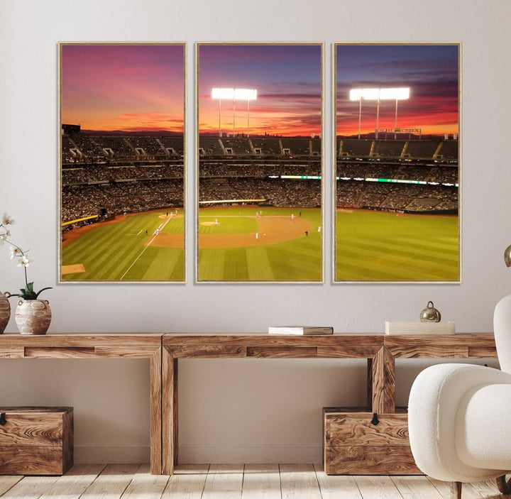 The Oakland Coliseum print is a museum-quality canvas depicting a full crowd and a sunset.